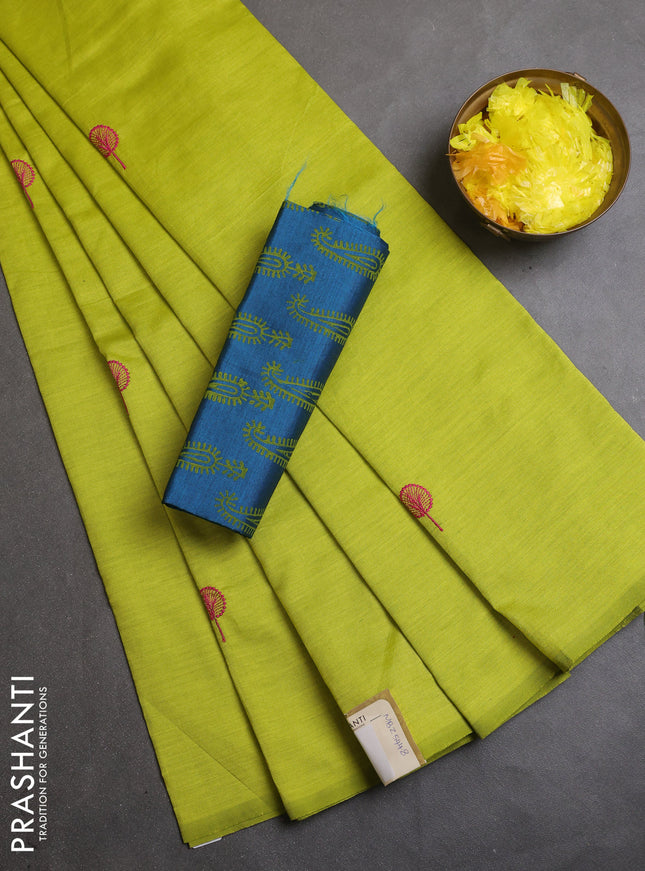 Semi silk cotton saree lime green and peacock blue with embroidery buttas in borderless style