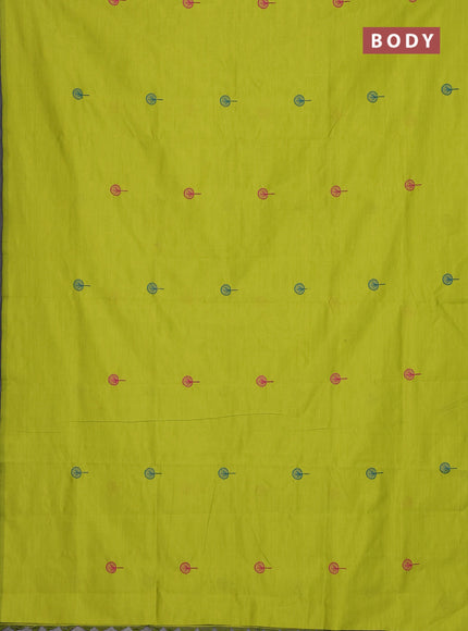 Semi silk cotton saree lime green and peacock blue with embroidery buttas in borderless style