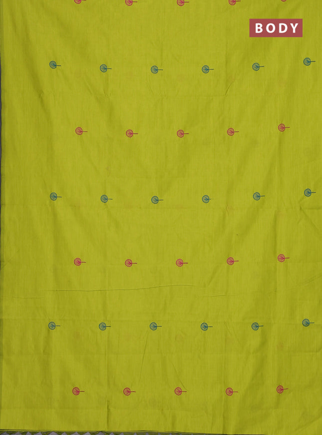 Semi silk cotton saree lime green and peacock blue with embroidery buttas in borderless style