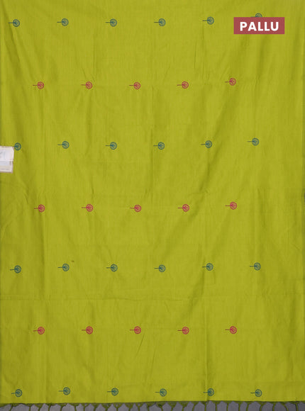 Semi silk cotton saree lime green and peacock blue with embroidery buttas in borderless style