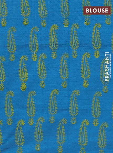 Semi silk cotton saree lime green and peacock blue with embroidery buttas in borderless style