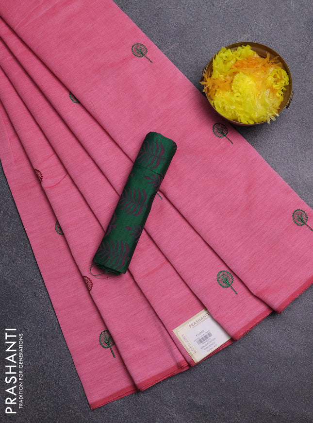 Semi silk cotton saree light pink and green with embroidery buttas in borderless style