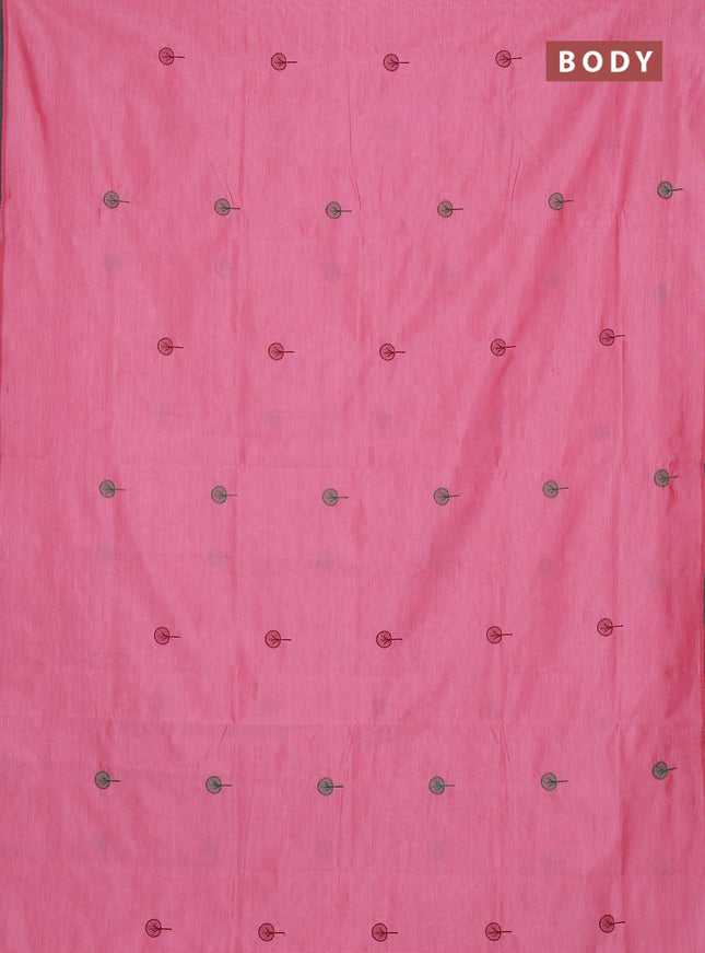 Semi silk cotton saree light pink and green with embroidery buttas in borderless style