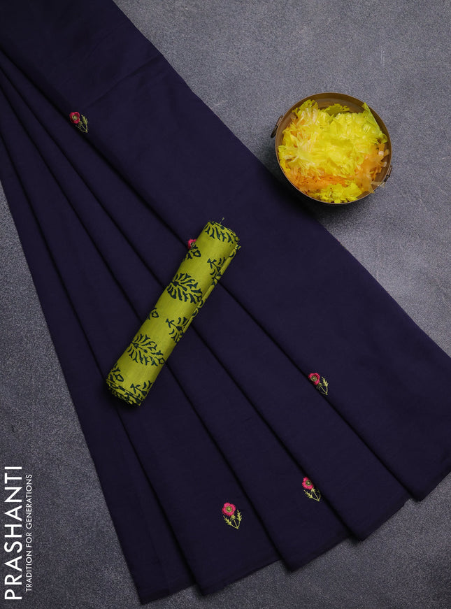 Semi silk cotton saree navy blue and lime green with embroidery buttas in borderless style