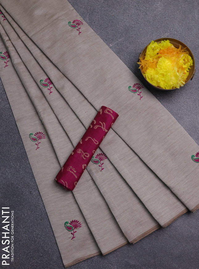 Semi silk cotton saree beige and pink with embroidery buttas in borderless style