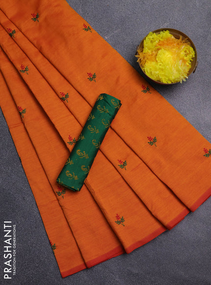 Semi silk cotton saree orange and green with embroidery buttas in borderless style
