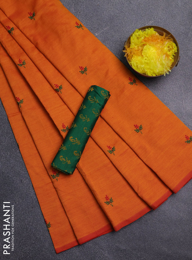 Semi silk cotton saree orange and green with embroidery buttas in borderless style