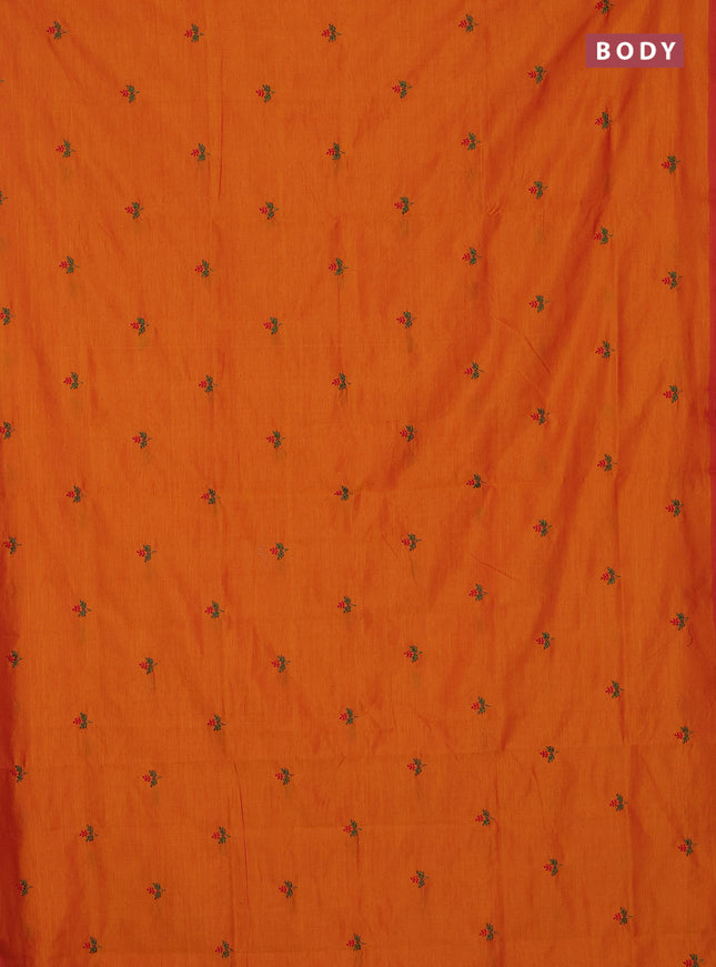 Semi silk cotton saree orange and green with embroidery buttas in borderless style