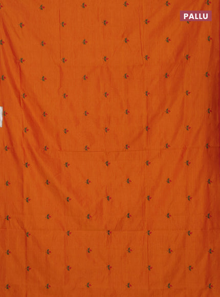 Semi silk cotton saree orange and green with embroidery buttas in borderless style