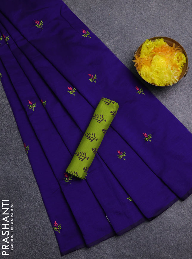 Semi silk cotton saree violet and lime green with embroidery buttas in borderless style