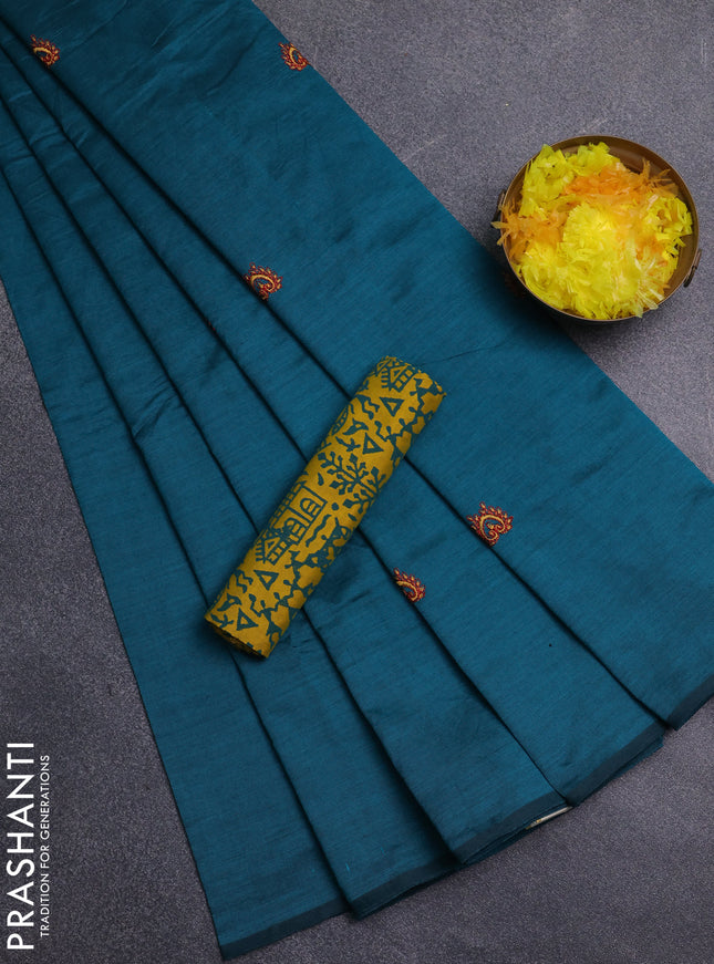 Semi silk cotton saree peacock green and yellow with embroidery buttas in borderless style