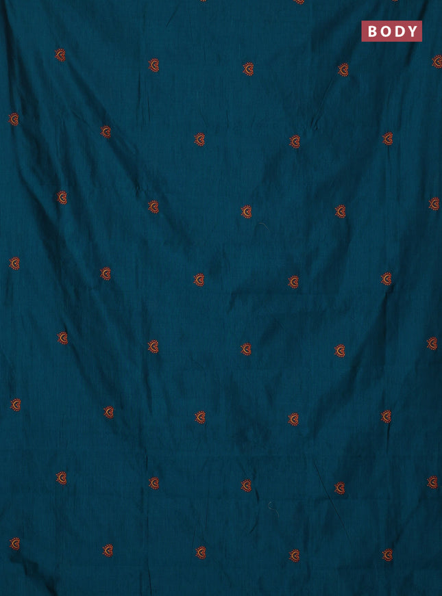 Semi silk cotton saree peacock green and yellow with embroidery buttas in borderless style