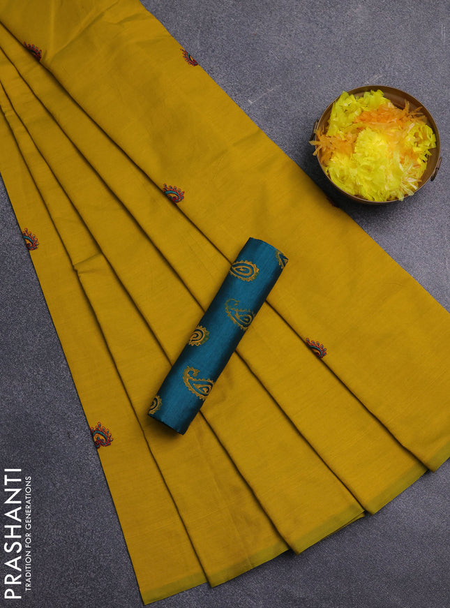 Semi silk cotton saree mustard yellow and peacock green with embroidery buttas in borderless style