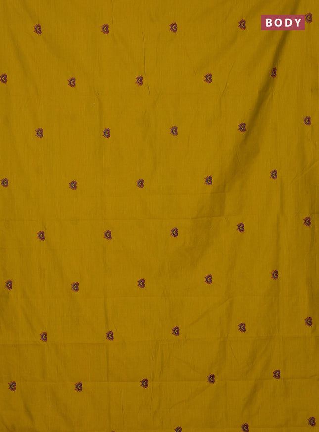 Semi silk cotton saree mustard yellow and peacock green with embroidery buttas in borderless style
