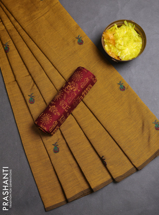 Semi silk cotton saree dark mustard and maroon with embroidery buttas in borderless style