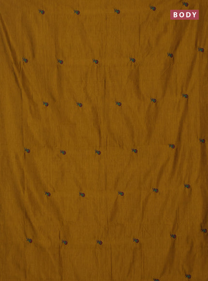 Semi silk cotton saree dark mustard and maroon with embroidery buttas in borderless style