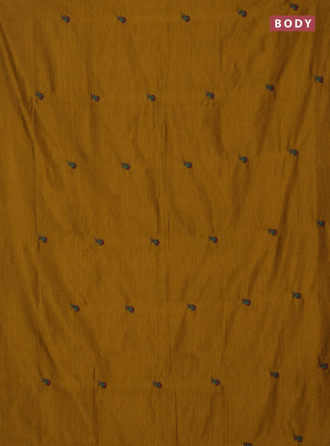 Semi silk cotton saree dark mustard and maroon with embroidery buttas in borderless style