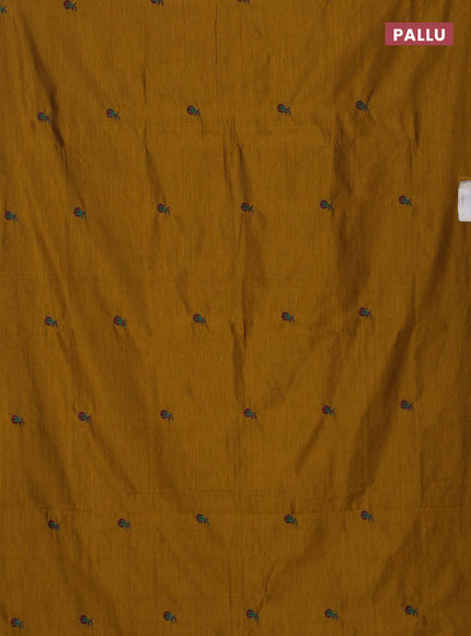 Semi silk cotton saree dark mustard and maroon with embroidery buttas in borderless style