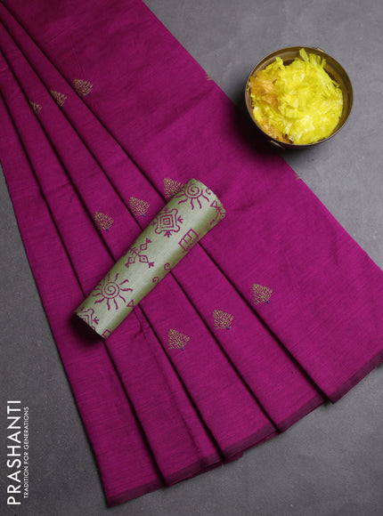 Semi silk cotton saree dark pink and pista green with embroidery buttas in borderless style