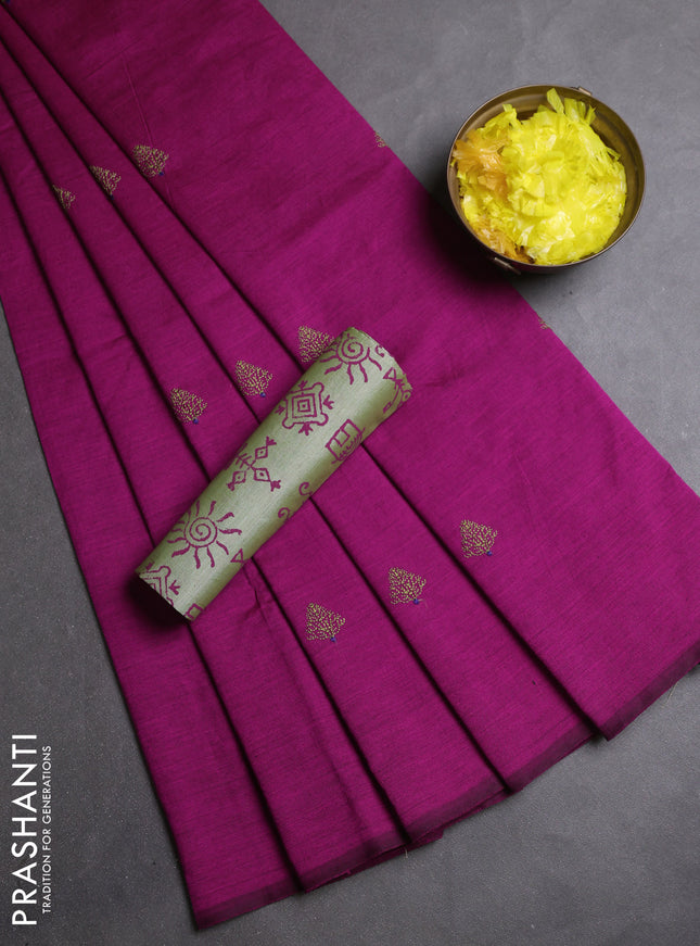 Semi silk cotton saree dark pink and pista green with embroidery buttas in borderless style
