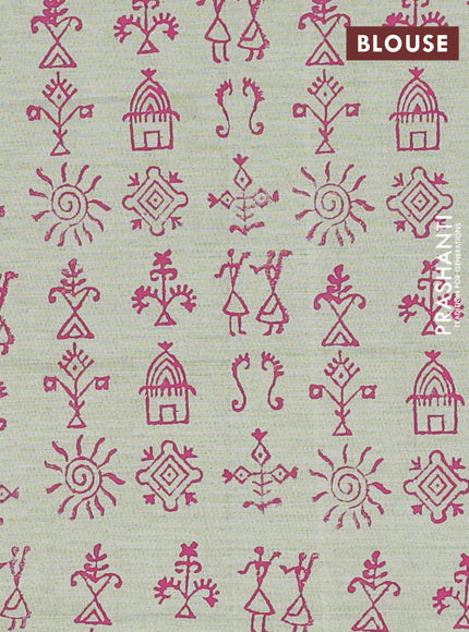 Semi silk cotton saree dark pink and pista green with embroidery buttas in borderless style