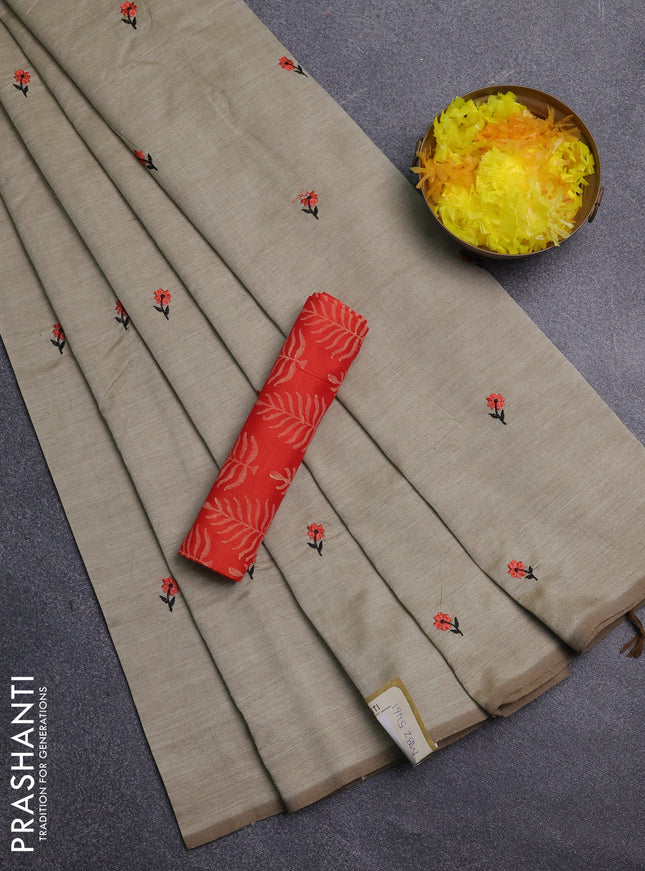 Semi silk cotton saree beige and orange with embroidery buttas in borderless style