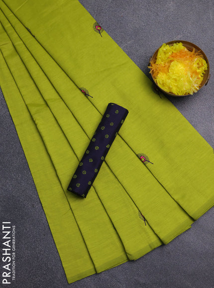 Semi silk cotton saree lime yellow and navy blue with embroidery buttas in borderless style