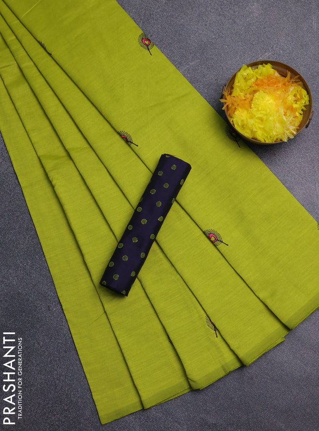 Semi silk cotton saree lime yellow and navy blue with embroidery buttas in borderless style