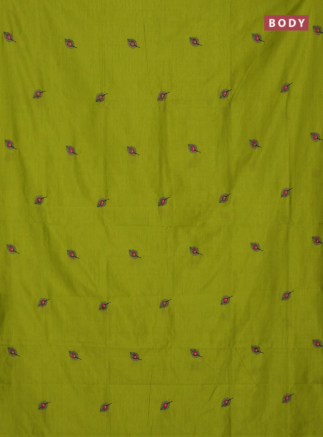 Semi silk cotton saree lime yellow and navy blue with embroidery buttas in borderless style