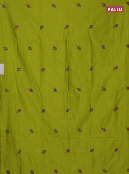 Semi silk cotton saree lime yellow and navy blue with embroidery buttas in borderless style