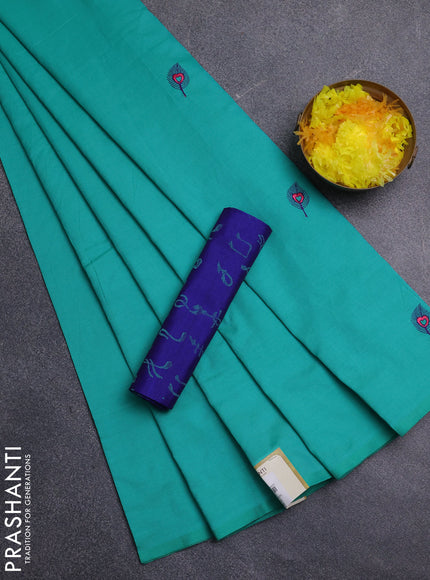 Semi silk cotton saree teal green and blue with embroidery buttas in borderless style