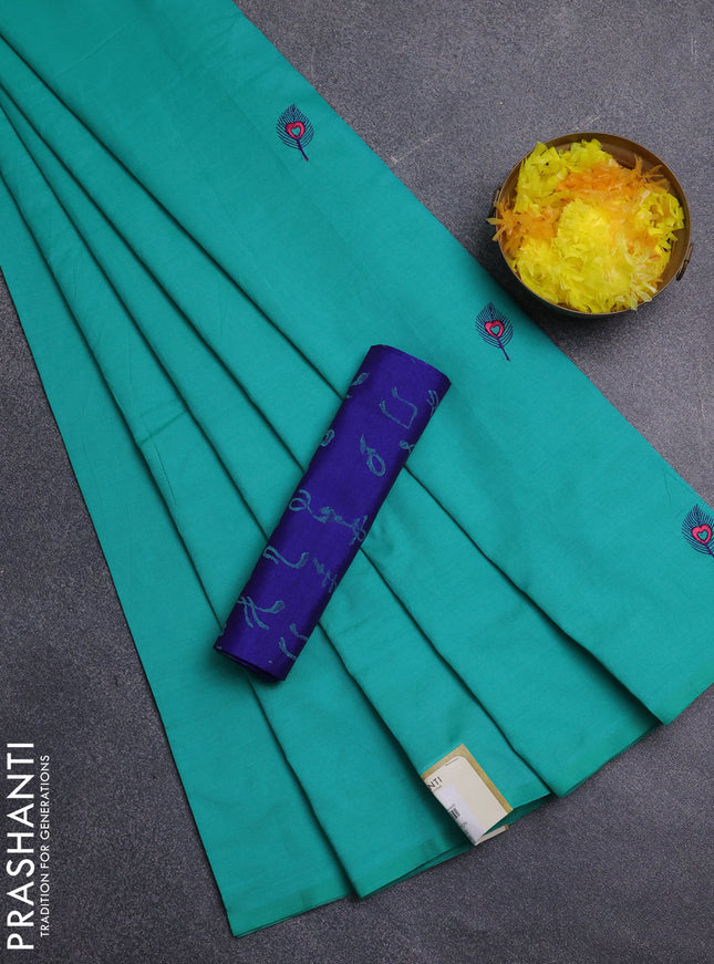Semi silk cotton saree teal green and blue with embroidery buttas in borderless style