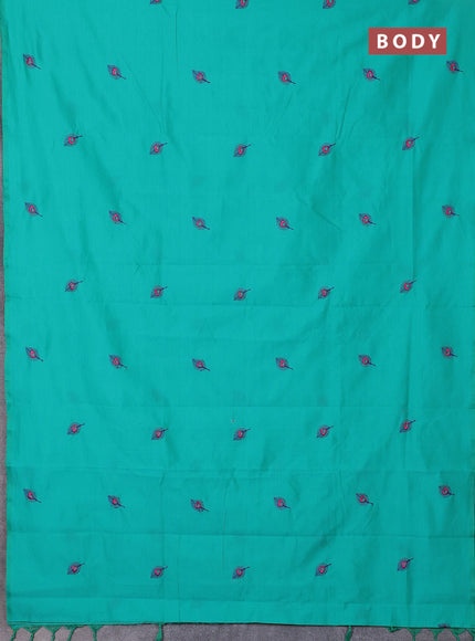 Semi silk cotton saree teal green and blue with embroidery buttas in borderless style