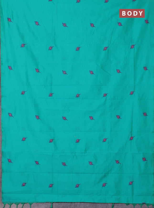 Semi silk cotton saree teal green and blue with embroidery buttas in borderless style