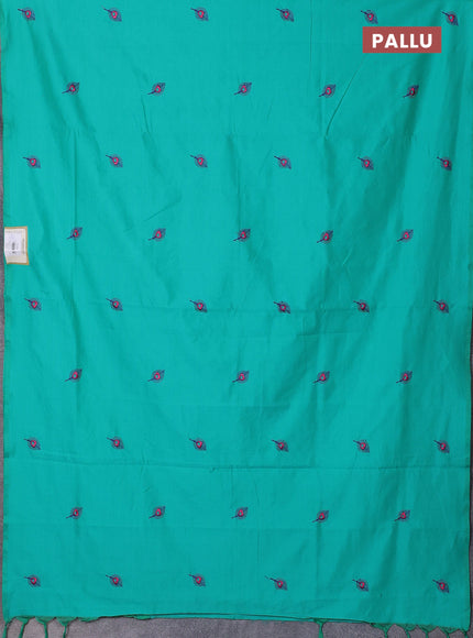 Semi silk cotton saree teal green and blue with embroidery buttas in borderless style