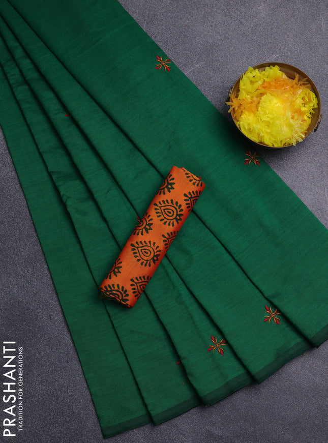 Semi silk cotton saree green and orange with embroidery buttas in borderless style