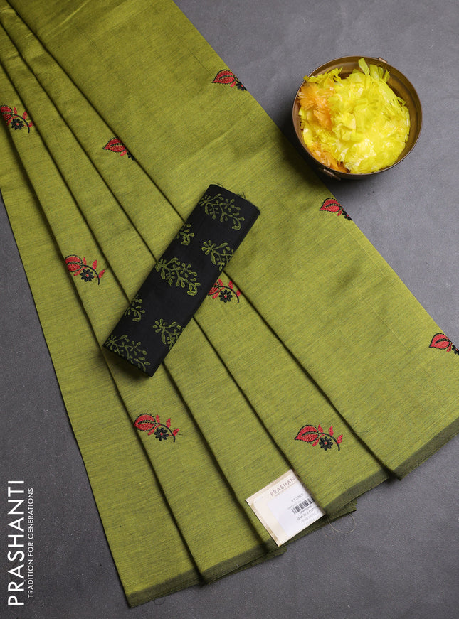 Semi silk cotton saree light green and black with embroidery buttas in borderless style