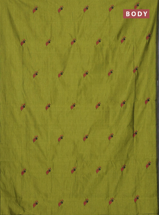 Semi silk cotton saree light green and black with embroidery buttas in borderless style