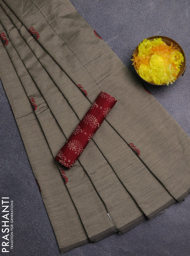 Semi silk cotton saree beige and maroon with embroidery buttas in borderless style