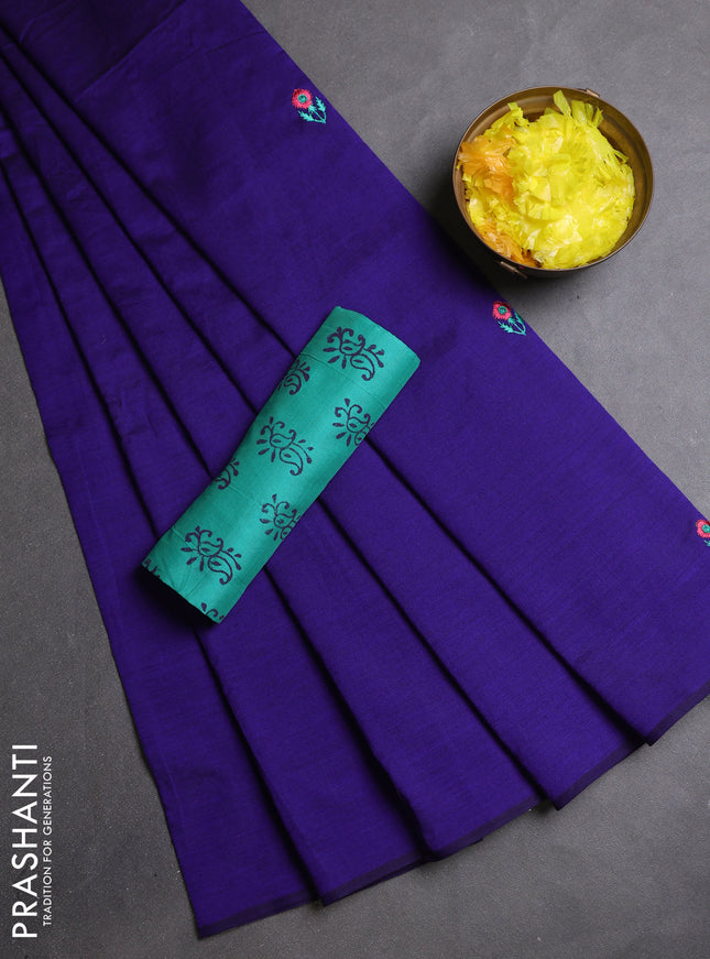 Semi silk cotton saree violet and teal green with embroidery buttas in borderless style