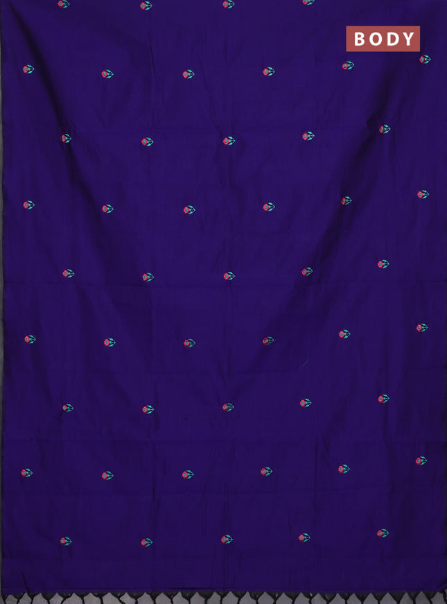 Semi silk cotton saree violet and teal green with embroidery buttas in borderless style