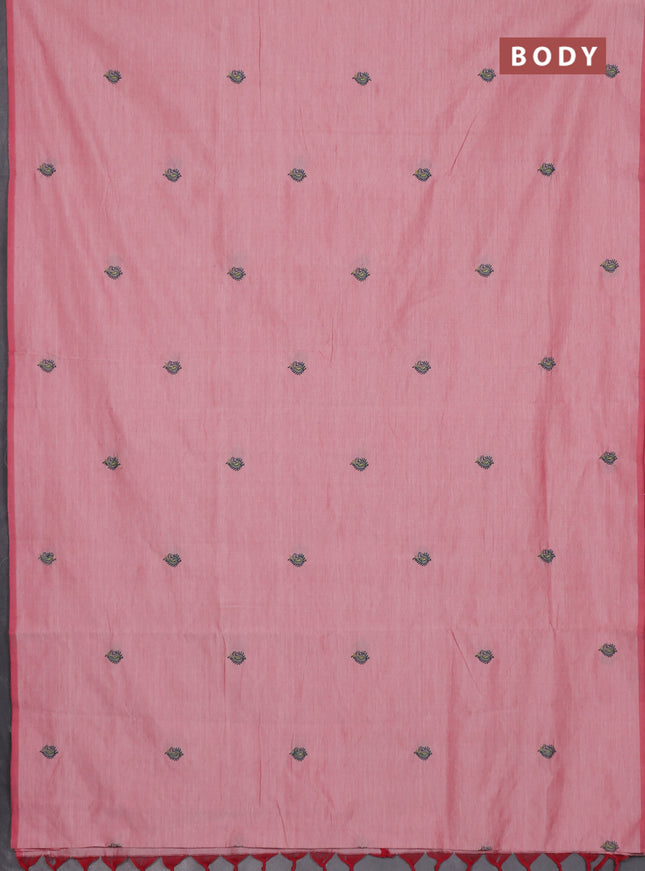 Semi silk cotton saree red shade and peacock green with embroidery buttas in borderless style