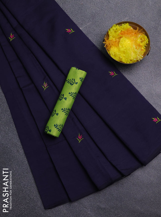 Semi silk cotton saree navy blue and light green with embroidery buttas in borderless style