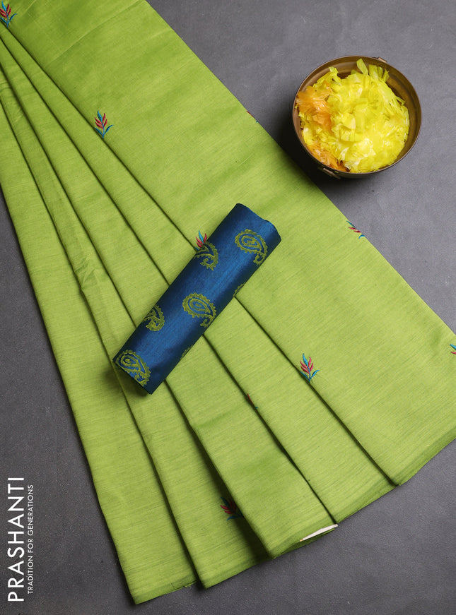 Semi silk cotton saree light green and peacock blue with embroidery buttas in borderless style