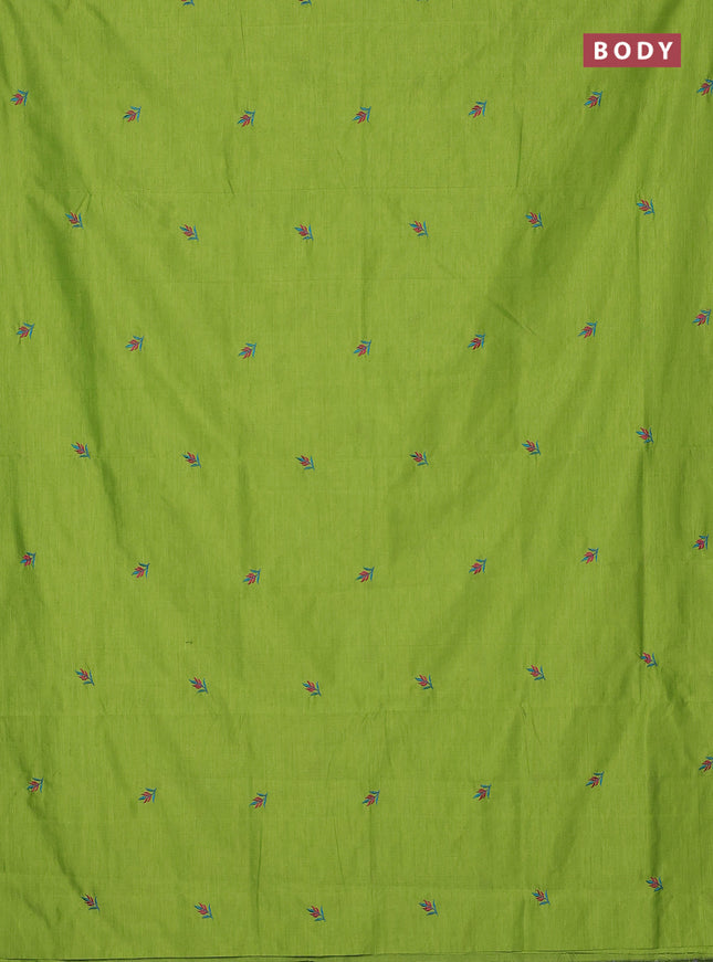 Semi silk cotton saree light green and peacock blue with embroidery buttas in borderless style