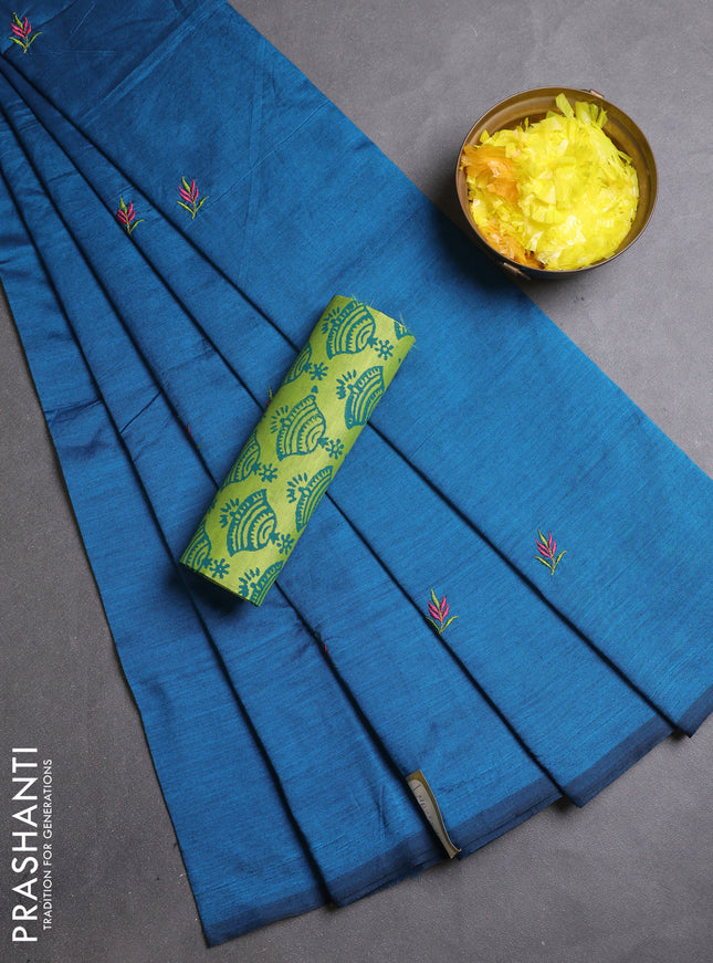 Semi silk cotton saree cs blue and light green with embroidery buttas in borderless style