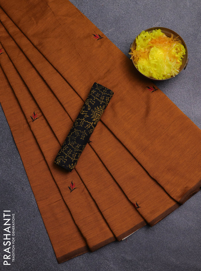 Semi silk cotton saree dark mustard and black with embroidery buttas in borderless style