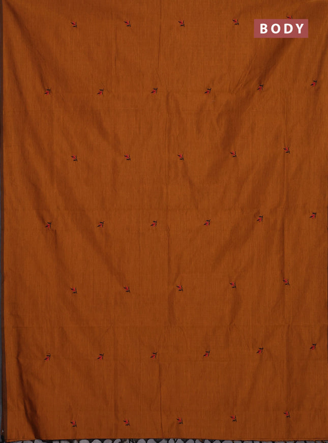 Semi silk cotton saree dark mustard and black with embroidery buttas in borderless style