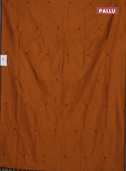 Semi silk cotton saree dark mustard and black with embroidery buttas in borderless style