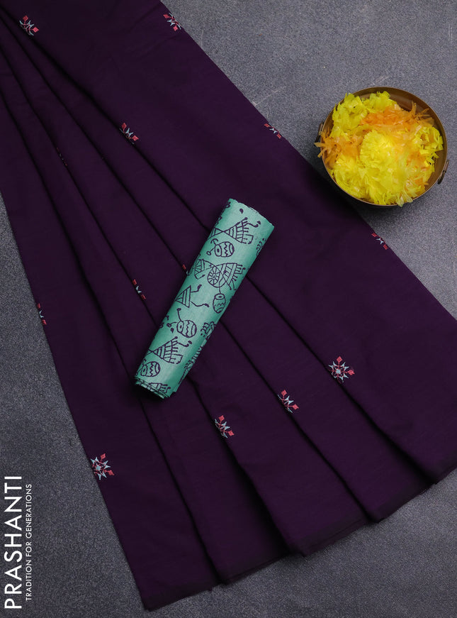 Semi silk cotton saree purple and teal green shade with embroidery buttas in borderless style